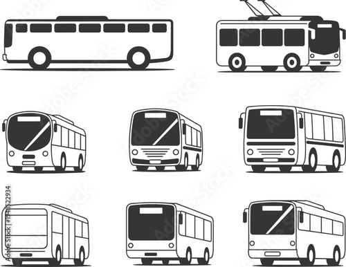 Flat vector illustration of city buses, public transport icons, passenger vehicles, commuter bus graphics, urban travel, modern transportation, silhouette design, mobility