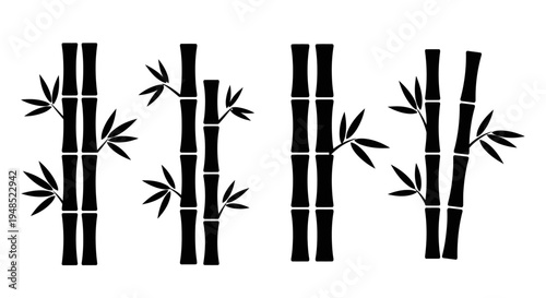 Black Bamboo Stalks with Leaves Silhouette Set on White Background