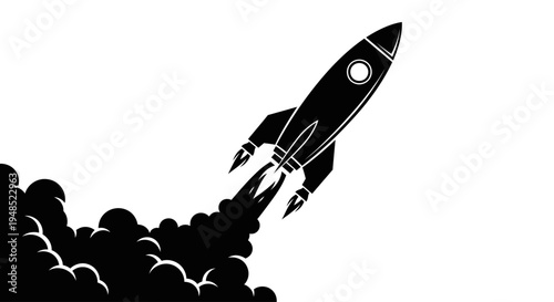 Black and white rocket ship blasting.