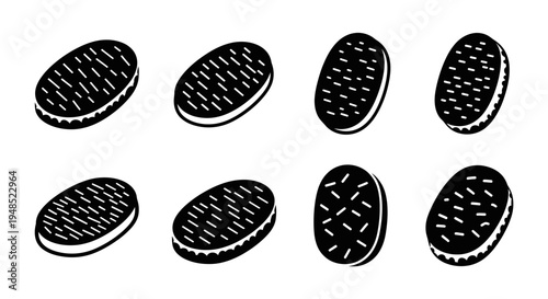 Black Oval Cookies with White Cream Filling, Minimalist Vector Illustration
