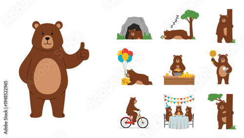 Cute brown bear character shown in various daily activities and scenarios such as sleeping, eating honey, riding a bike, and a party.