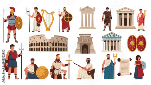 Collection of ancient greek and roman elements including warriors, citizens, temple architecture, the colosseum, and historical artifacts.