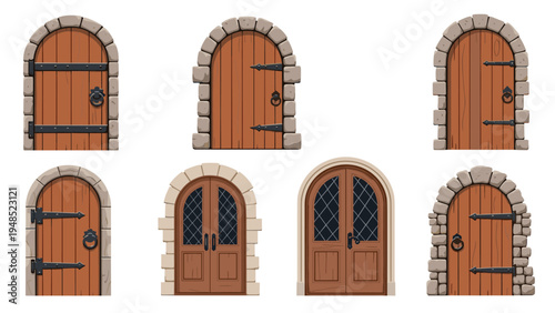 Collection of medieval style wooden doors set within stone archways featuring traditional iron hinges, ring handles, and glass windows.