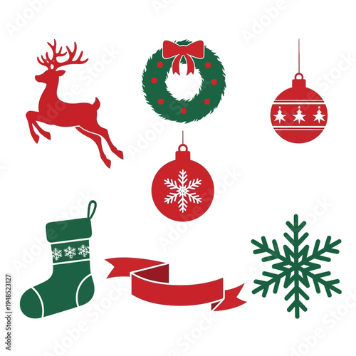 Christmas Icons: Reindeer, Stocking, Ornaments, Wreath, Snowflake, Ribbon