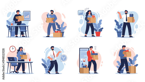Diverse office employees in various emotional states carrying cardboard boxes filled with personal belongings after a job loss or move.