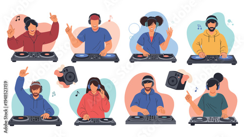 Diverse group of male and female djs wearing headphones and performing on music mixing consoles and turntables in a variety of styles.