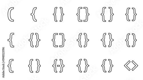 Set of various typographic brackets and parentheses including curly, square, round, and angle styles in clean black outline designs.
