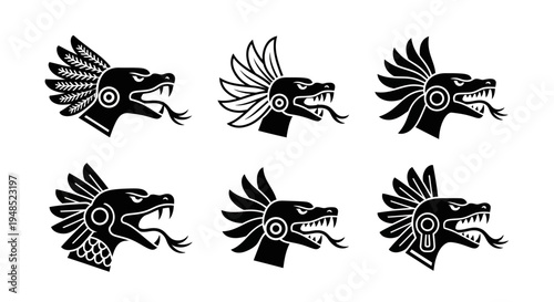 Collection of Aztec Serpent Head Icons - Tribal Art and Mythology Symbols