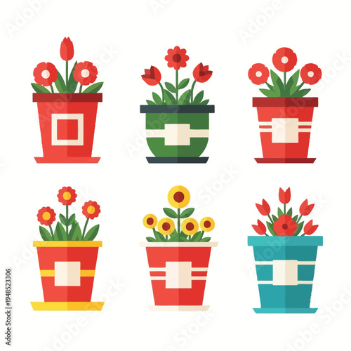 Colorful Potted Flowers Collection: Tulips, Daisies, Sunflowers in Flat Design