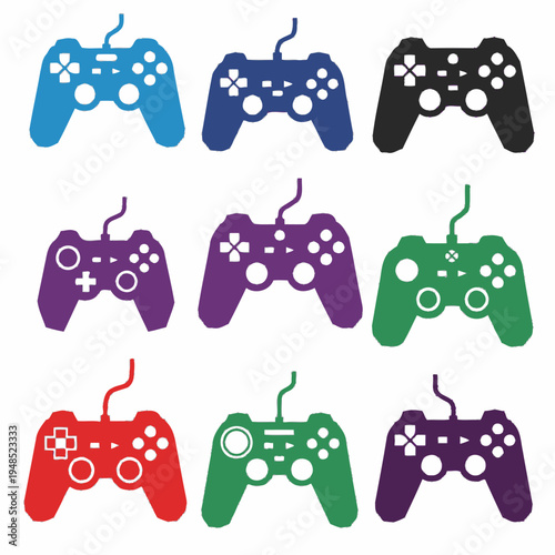 Colorful Video Game Controllers Set, Retro Gaming and Entertainment Concept
