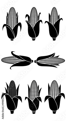 Corn Cobs Pattern, Black and White Graphic, Food Icon Set