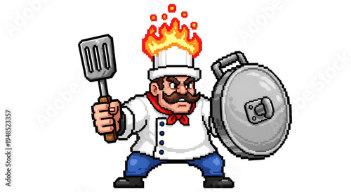 Angry Pixel Art Chef Character with Flaming Hat Spatula and Pot Lid Shield