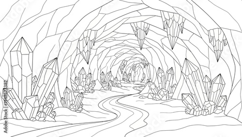 Crystal cave landscape, underground passage with gemstones and pathway