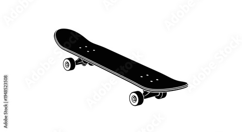 Black skateboard with white wheels isolated.