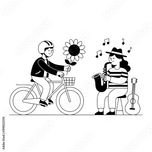 bicycle flower courier line art illustration featuring sunflowers and a street musician or sunflower bouquet bike delivery scene in monochrome graphic featuring saxophone music