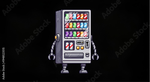 Vending Machine Robot Character Pixel Art with Soda Cans