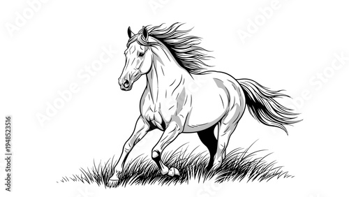 Dynamic Horse Galloping in Field - Black and White Illustration