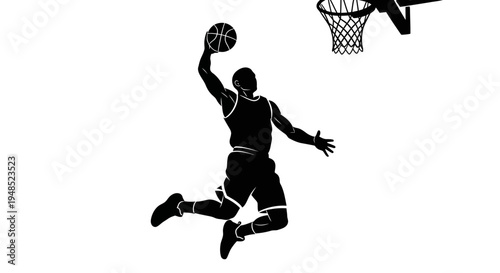 Man dunking basketball in mid air.