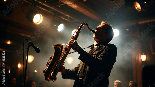 Male Jazz Saxophonist Performing Live on Stage in Atmospheric Concert Lighting with Smoke and Audience, Passionate Musician Playing Saxophone During Night Club Performance
