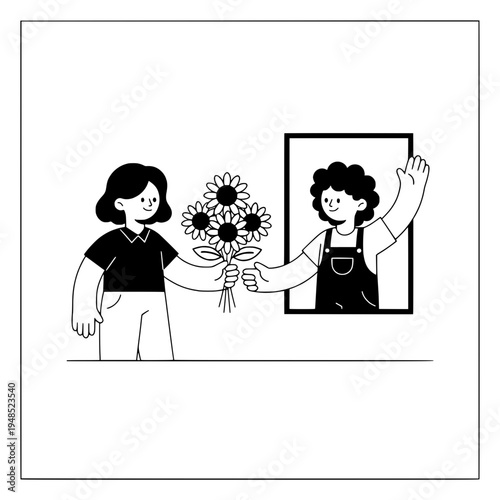cheerful line art bouquet exchange between friends at a window or sunflower bouquet delivery illustration showing friendly gift gesture in black and white