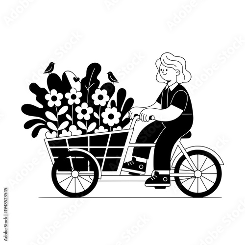 Floral basket bicycle courier illustration for flower delivery branding or Vintage line art bicycle courier with flowers for floral delivery visuals