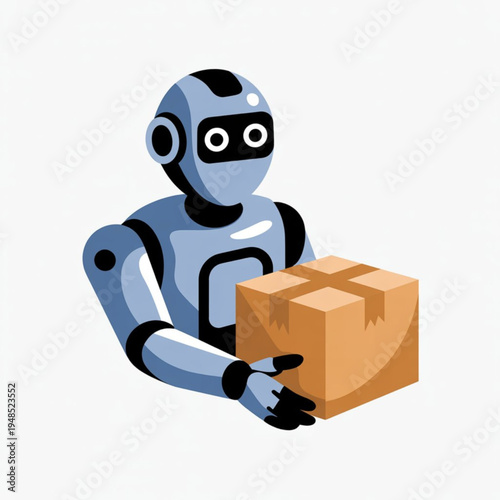 A blue mechanical robot carrying a brown cardboard box for automated logistics and delivery service
