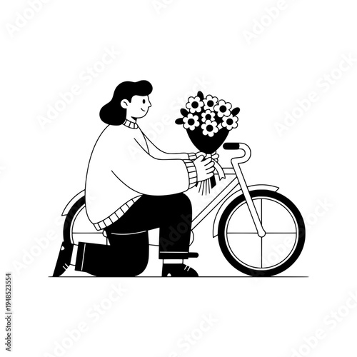 Floral bicycle courier bouquet delivery illustration in minimalist line art style or Bicycle flower delivery character in clean vector line art for branding and decor