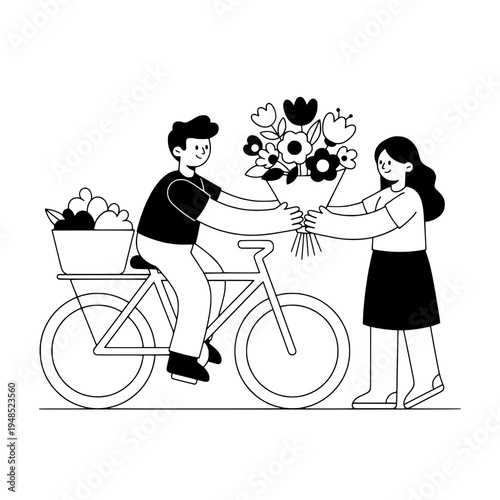 Floral bicycle courier delivering bouquet line art illustration for gifting and decor or Flower delivery bicycle illustration featuring bouquet on a bike