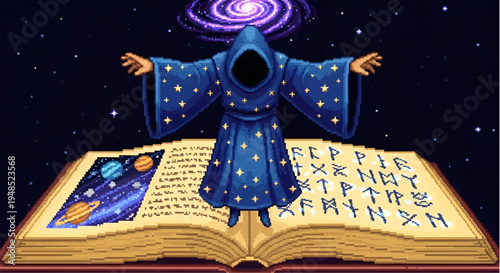 Pixel Art Wizard Character Casting Cosmic Magic Spell with Ancient Book