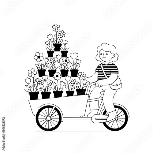 Floral bicycle courier delivering blooms on a flower filled cargo bike or Whimsical flower delivery bike scene featuring a cargo bicycle with plants