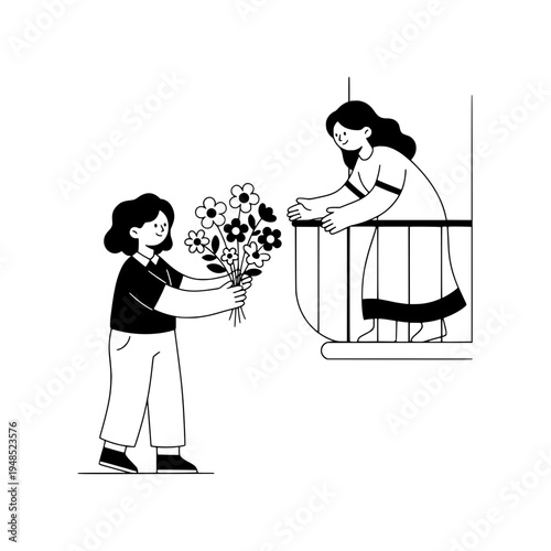 Floral bicycle courier delivering bouquet to a balcony or Flower delivery illustration with bicycle courier and balcony