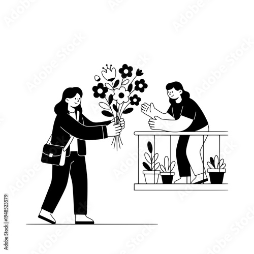 Floral bicycle courier delivering bouquets in a minimalist line art illustration or Bouquet delivery by bicycle depicting flowers and a friendly exchange in vector style