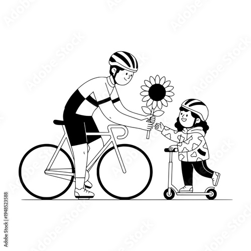 Floral bicycle courier delivering sunflowers in a cheerful monochrome line art illustration or Monochrome line art bicycle delivery scene featuring a cyclist handing flowers to a child