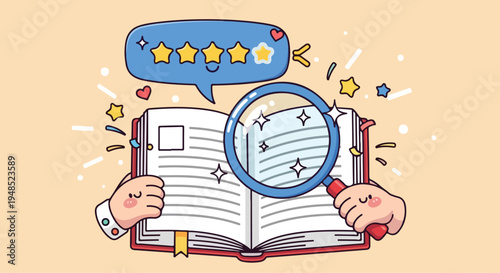 Cartoon hands holding an open book with a magnifying glass examining the page and a speech bubble with stars on a peach background.