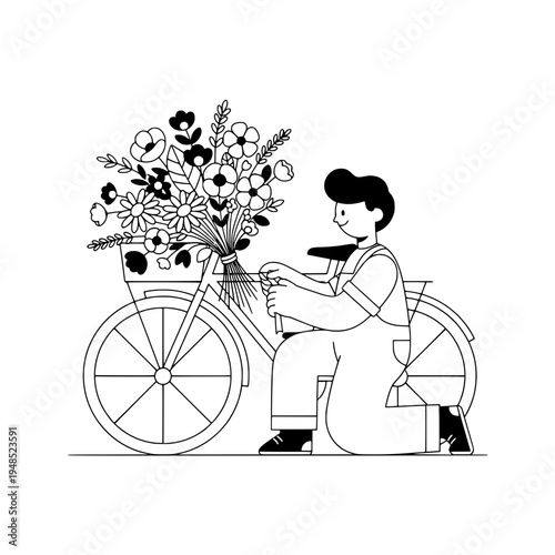 floral bicycle courier delivering bouquets in charming line art style or flower bouquet bicycle delivery illustration with retro boho linework