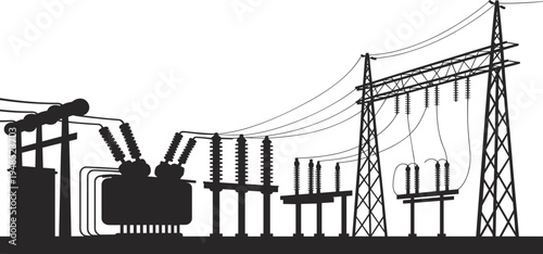 Flat vector illustration of electrical substation, power transmission lines, high voltage equipment, energy distribution