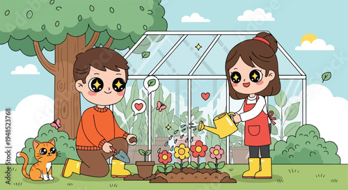 Cartoon children gardening with cat, flowers, and greenhouse in background, conveying a playful outdoor scene.