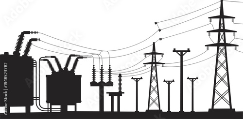 Flat vector illustration of electrical power infrastructure, transformers, power lines, utility poles, energy distribution, silhouette icons, industrial design, black graphic