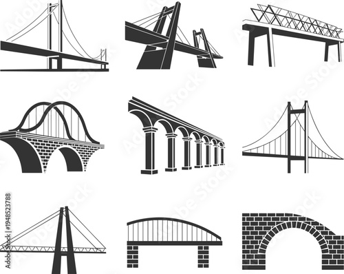 Flat vector illustration of bridge icons, suspension, arch, cable-stayed, truss, beam, cantilever, silhouette design, engineering, architecture, construction