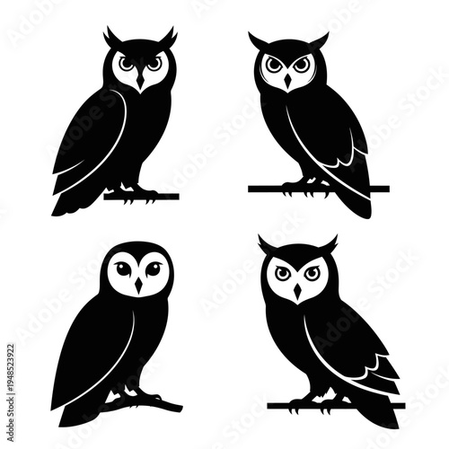 Four Silhouette Owls Perched on Branches, Vector Illustrations