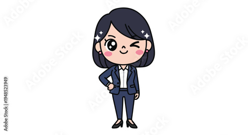 Cartoon illustration of a confident businesswoman in a blue suit standing with one hand on her hip against a plain white background.