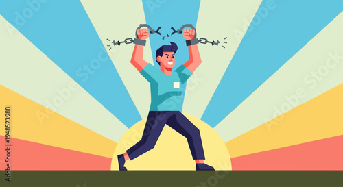 Man celebrates Emancipation Day by breaking free from shackles in a vibrant sunny landscape