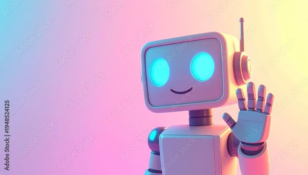 Naklejka premium Friendly Robot Character Waving Hand Gesture.