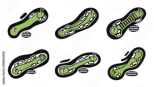 Golf Course Layouts: Six Unique Hole Designs with Flags and Water Hazards