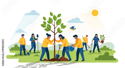 People celebrate Emancipation Day by planting trees in a park outdoors