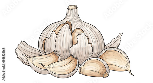 Illustration of a whole garlic bulb with individual cloves scattered around it.