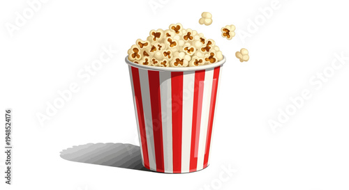Classic striped popcorn bucket filled with fresh movie theater snack over white background.