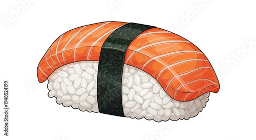 Salmon nigiri sushi with rice and seaweed band, isolated on white.