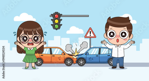 Cartoon illustration of a shocked man and woman standing beside two crashed cars at an urban intersection with a traffic light.