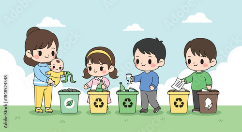 Cartoon family with three children and a baby sorting recyclables into color-coded trash bins on a green lawn with a blue sky background.